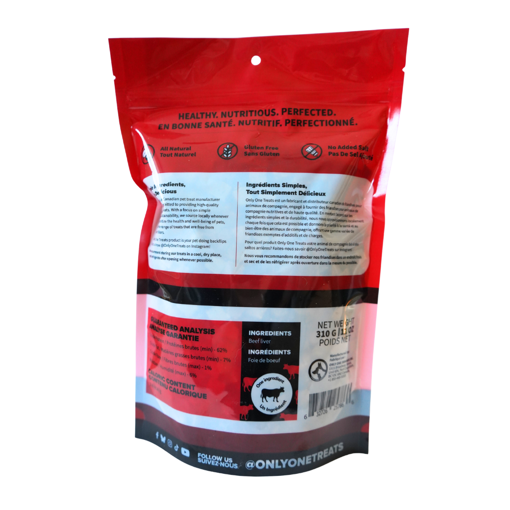 Red pet food packaging with white text on a white background