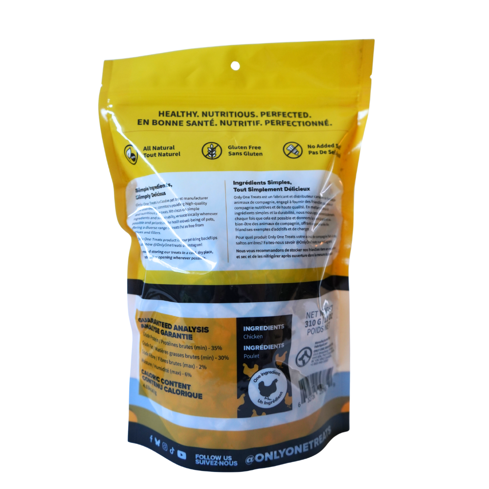 Yellow and black pet food packaging with text and branding on a white background
