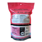 Back view of a pink pet treat package with text and branding on a white background